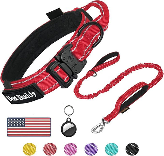 AUBELL Tactical Dog Collar and Leash Set, Reflective Adjustable Heavy Duty Military K9 Collars with Handle and Metal Buckle for Medium Dogs, with Airtag Case and 2 Patches(Red,M)