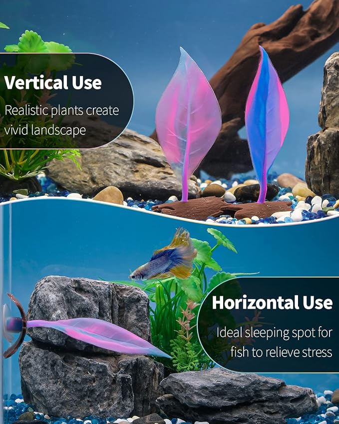Uniclife Betta Leaf Hammock Soft Aquarium Rest Bed Fish Breeding Playing Pad with Suction Cup and Lifelike Bark Ornament Colorful Silicone Decoration for Fish Tank Landscape, 2 Pack