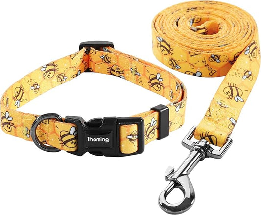 Ihoming Dog Collar and Leash Set for Daily Outdoor Walking Running Training, Bee Design for Small Boys Girls Dogs Cats Pets, S-Up to 20LBS