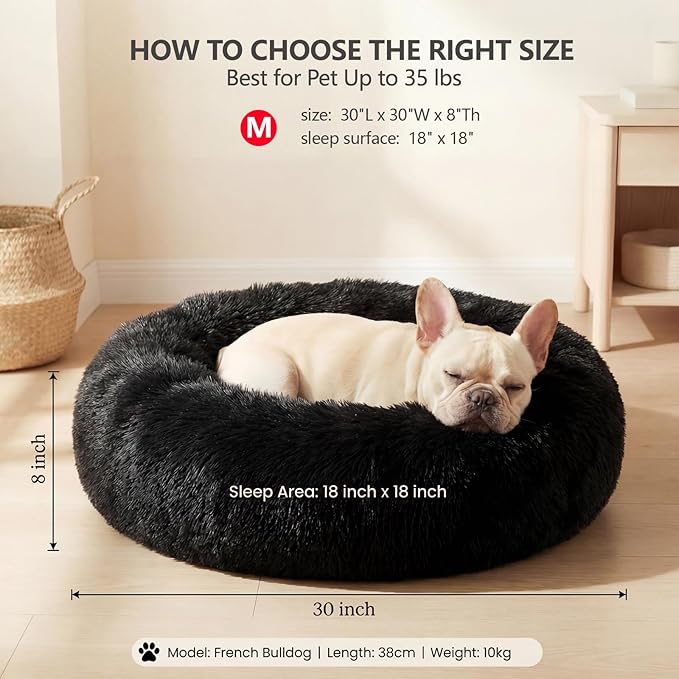 Calming Donut Dogs Beds for Medium Dogs up to 45 lb,30inch Anti-Slip Plush Round Dog Bed with Raised Rim,Fluffy Faux Fur Pet Bed for Cozy Sleep,Black