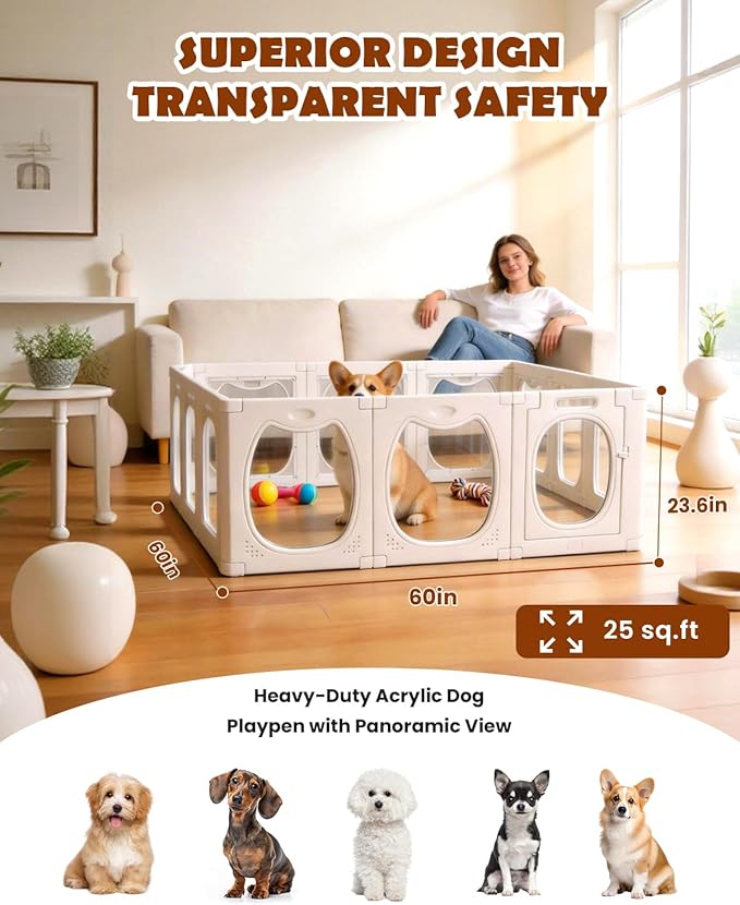 Deluxe Clear Acrylic Dog Playpen with Dual Doors, 10+2 Panel Puppy Playpen with Room Partition, 23.6" Transparent Pet Fence, Expandable, Easy Assemble, Non-Slip, for Multiple Pets/Small-Medium Dogs
