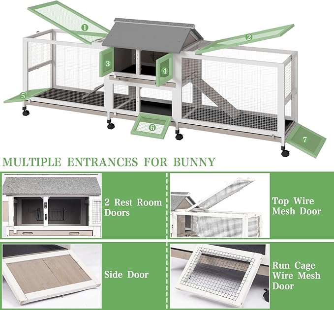 Gowoodhut 2-Story 93.1"L Rabbit Hutch Indoor and Outdoor with 8 Wheels,Wooden Rabbit Cage with 4 Pull Out Leak-Proof Trays for 2-4 Rabbits,Bunny Hutch with Asphalt Roof Bunny Cage with 7 Accesses,Grey