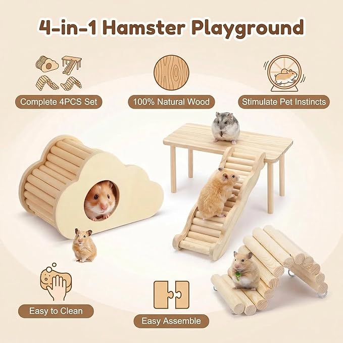 4 Pcs Hamster Platforms Wooden Ladder Bendy Bridge Fence Hidden Play House Hamster Game Climbing Toy with Platform Decor Cage Accessories for Dwarf Syrian Mice Degus Gerbils Squirrel Small Pets