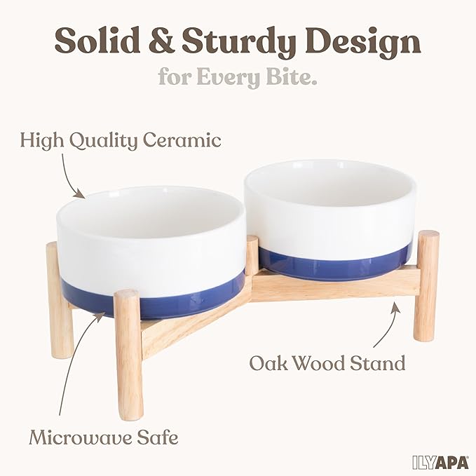 Ilyapa Ceramic Dog Bowls - Elevated for Medium Sized Pet with Raised Food and Water Set - Blue Double 6 inch, 28 Oz Bowls & 13x6.3x5.5 Wooden Stand