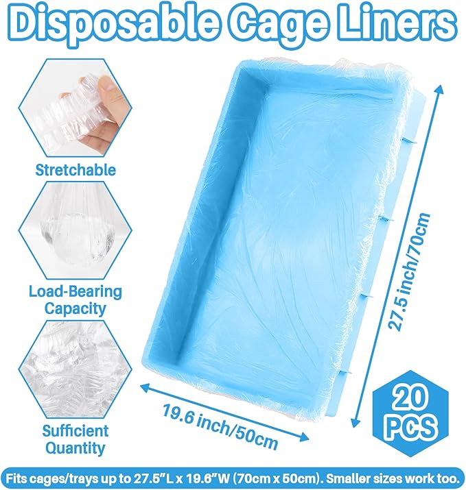RAINFLOW Clear Plastic Disposable Cage Liner - 20PCS Rabbit Litter Box Liners Waterproof Elastic-Edged Universal Small Animal Cage Liner Bag for Bunny Bird Hamster Hedgehog Guinea Pig (19.6x27.5inch)