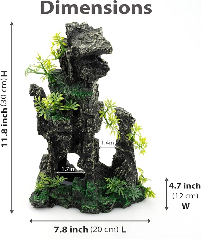 Aquarium Mountain View Stone Ornament, Large Resin Hideout Cave for Betta & Shrimp, Fish Tank Decor Rock Cave with Fish Cave and Hideouts (7.87" x 4.72" x 11.81")