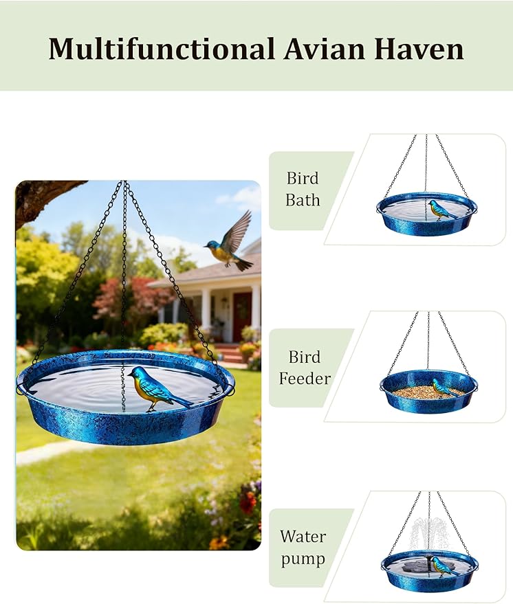 Hanging Bird Bath for Outdoor, Blue & Green Metal Birdbath Bird Feeder Garden Decor Yard Art (11.5" Dia)