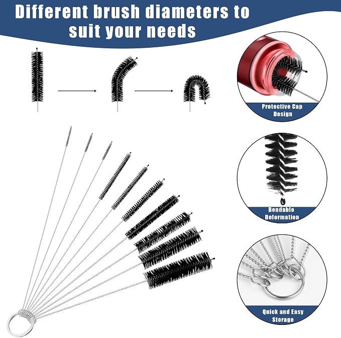 12Pcs Glass Tube Pipe Cleaners Brush Kit,Long Nylon Straw Brush | for Glass Funnel and Bottle,17-inch Long Handle,8.2-in Different Diameters Brushes,35-in Flexible Double-Ended Hose Tool