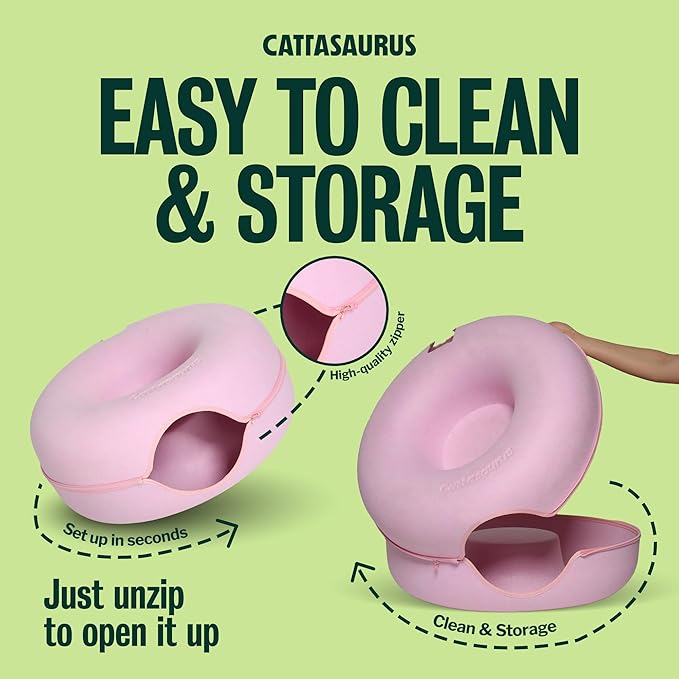 Cattasaurus Peekaboo Cat Cave Donut for Multiple & Large Cats up to 30-45 lbs, 3-in-1 Self Warming Cat Bed, Tunnel & Scratcher for Indoor Cats, Washable & Detachable Small Dog Bed (Pink, Large)
