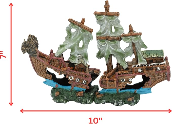 Shipwreck Aquarium Decorations Pirate Ship Ornament w/Sail (2 Pieces) 5 Gallons and Larger Fish Tank, Sunken Ship Decoration Ornaments, Decorative Resin Boat for Freshwater Saltwater Decor