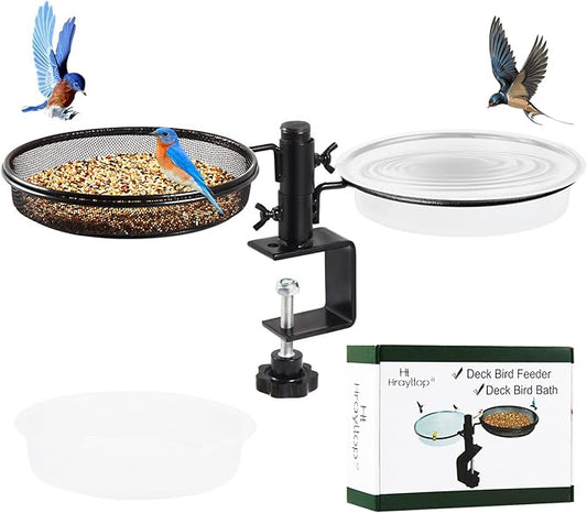 HRAYLTOP Deck Bird Feeders with Metal Mesh Tray and 2 Water Bowls - Detachable Adjustable Heavy Duty Clamp Bracket, Rail Bird Bath Balcony Porch Railing Feeder Perfect for Attracting Birds.