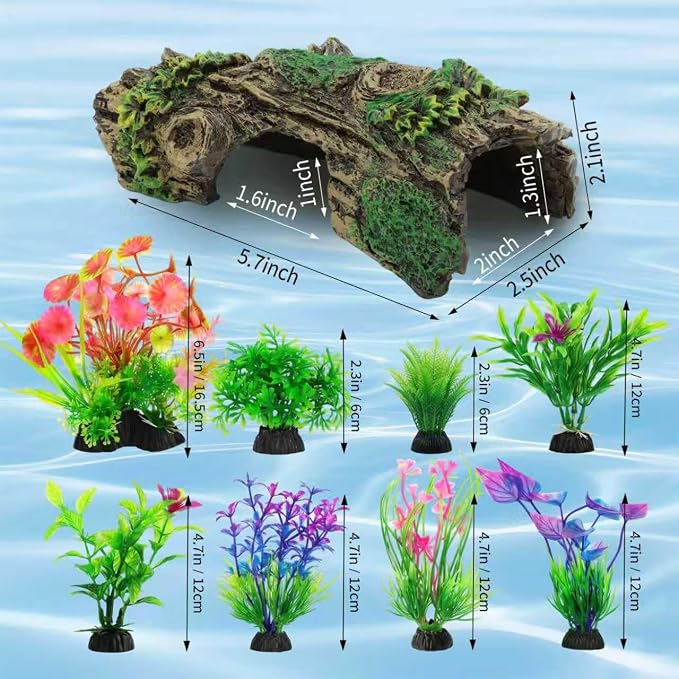 Resin Hollow Tree Trunk Betta Log Cave 1pcs with Aquarium Plants x 8pcs - Fish Tank Decorations for Betta Fish, Small Fish & Shrimp, Aquarium Ornament Hideout