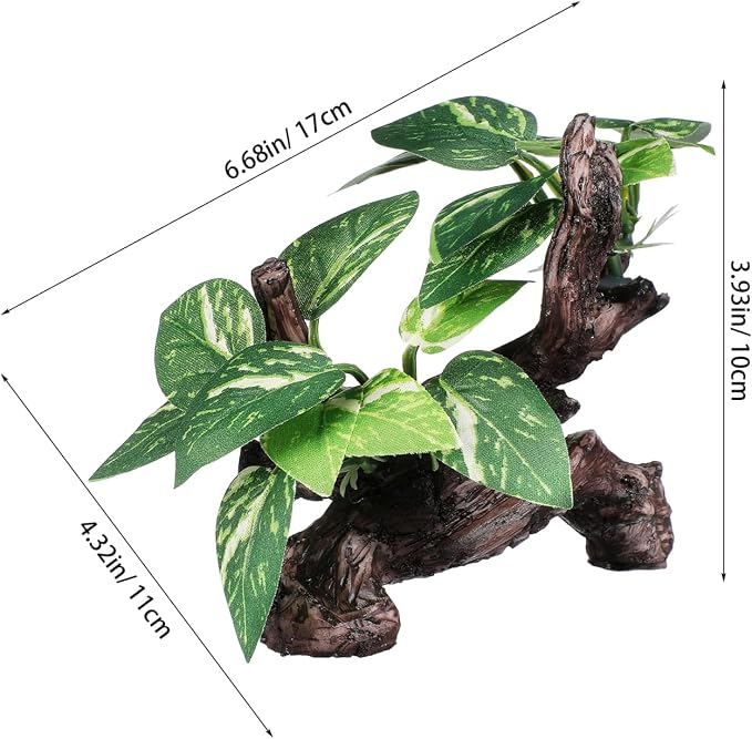 Veemoon Aquarium Driftwood Resin Decor with Cloth Leaf Plants and Driftwood Cave Realistic Fish Tank Landscape Ornament for Freshwater and Saltwater Aquatic Pets 6.69 X 4.33 X 3.93 Inch