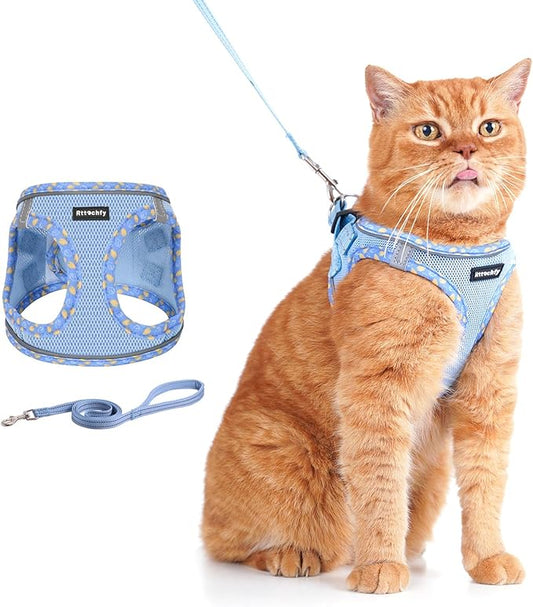 Rttochfy Cat Harness and Leash Set, Escape Proof Kitten Harness, Soft and Breathable Vest with Reflective Strip, Easy to Wear for Cats Walking and Traveling (Blue, S)