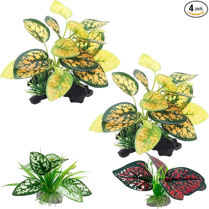 Moonorange Reptile Artificial Plants, Terrarium Plants Decorations Supplies, Aquarium Fish Tank Plant, Amphibian Habitat Hideout Tank Accessories(M Set-4pcs/C)