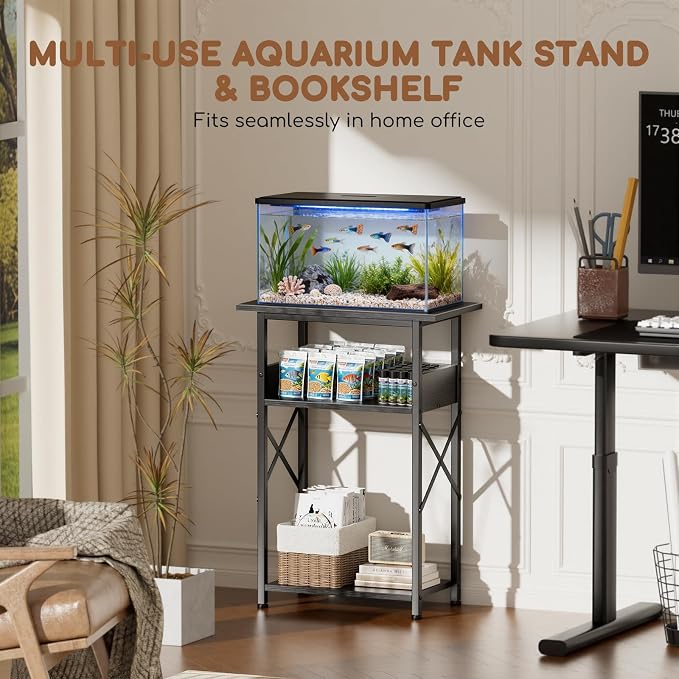 5-10 Gallon Fish Tank Stand with Storage Shelves, 3-Tier Aquarium Stand with Rust-Proof Metal Frame, Heavy Duty Waterproof Reptile Turtle Tank Stand for Home Office Up to 150LBS, 21.5" L x 11.5" W x 30" H, Black