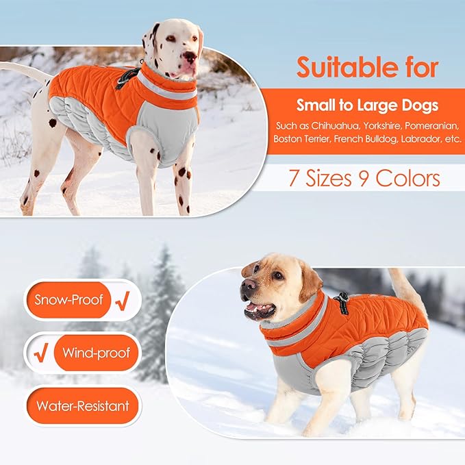 AOFITEE Dog Coat, Warm Dog Winter Coat, Reflective Cold Weather Dogs Puffer Jacket with Harness Built in, Waterproof Pet Fleece Vest Snowsuit for Small Medium Large Dogs, Orange L