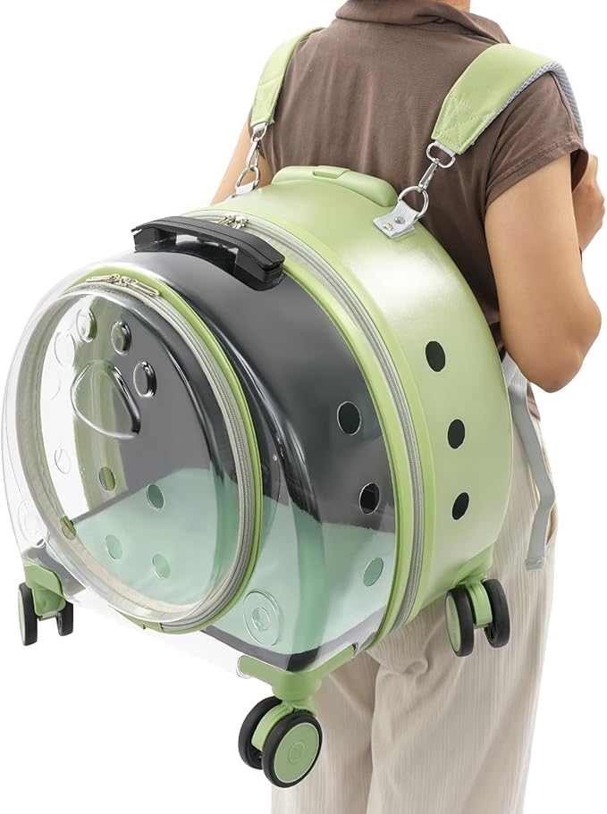 Cat Carrier with Wheels, Breathable Cat Rolling Carrier with Telescopic Handle, Bubble Cat Backpack Carrier, Pet Travel Bag for Small Dogs Pets, up to 19lbs, 15.7" x 10.6" x 17.7" (Green)