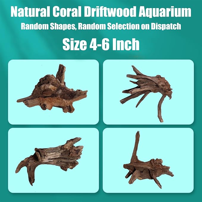 Natural Coral Driftwood Aquarium Decor, 6 Pcs 4-6 Inch Assorted Twisted Branches, Safe Sinking Driftwood Ornament for Fish Tank Reptile Terrarium Landscape Decoration