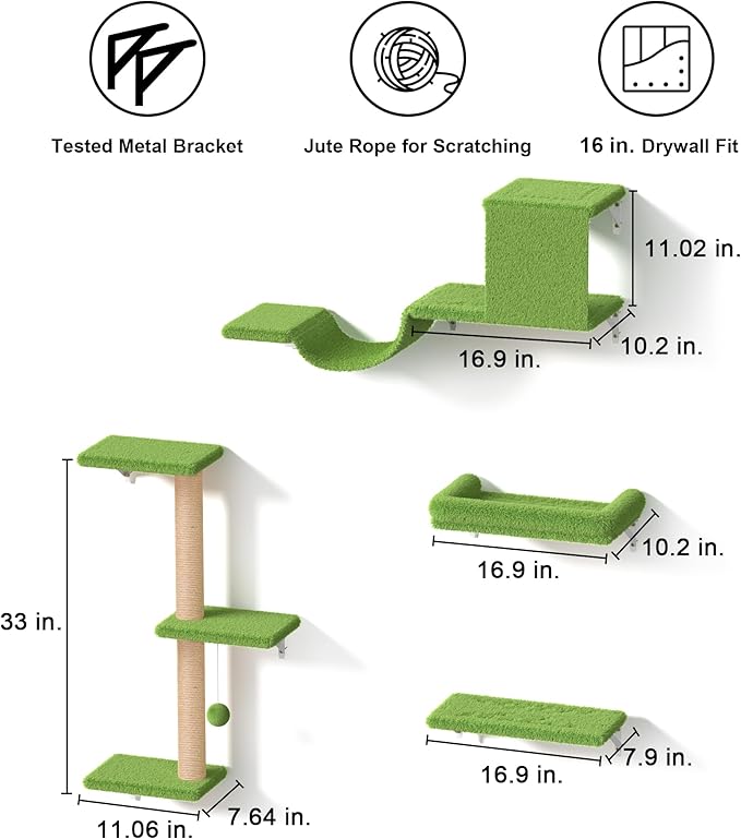 FUKUMARU Cat Wall Shelves, Stable & Safe 5 in 1 Cat Walls Furniture Set, Wooden Kitten Climbing Wall with Scratching Post for 16 Inch Drywall - Green