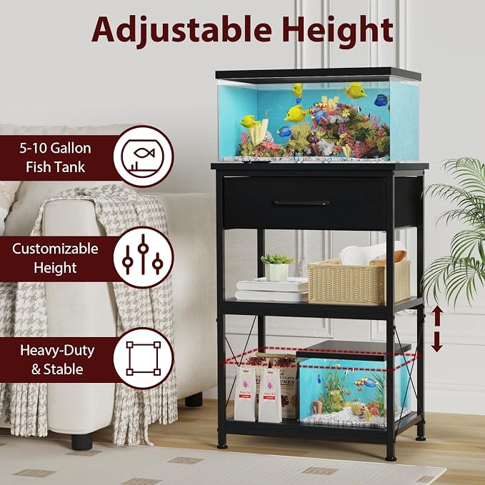 5-10 Gallon Fish Tank Stand with Adjustable Height and Drawer, Black | Heavy duty metal frame holds up to 220 pounds with a lower shelf for a second aquarium, turtle tank or reptile terrarium