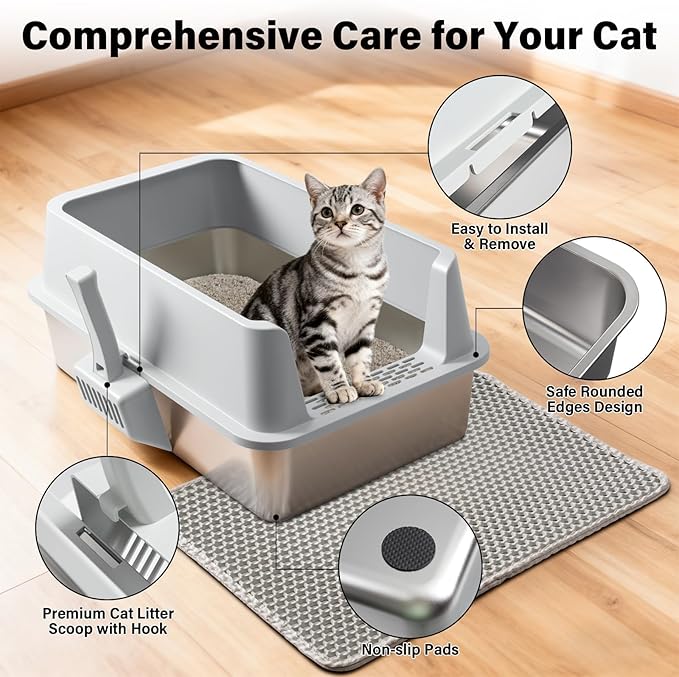 Stainless Steel Litter Box, Extra Large Litter Boxes for Big Cats, XL Metal Cat Litter Box with High Sides Lid, Anti-Urine Leakage, Never Absorbs Odors, Easy Cleaning, Non-Stick, Include Scoop and Mat