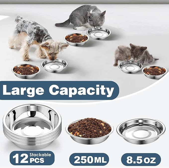 12 PCS Thickened Stainless Steel Cat Bowls, 5.5 Inch Shallow Wide Flat Metal Kitten Food Bowls, Whisker Friendly Fatigue Relief Replacement Basic Pet Dishes for Indoor Cats