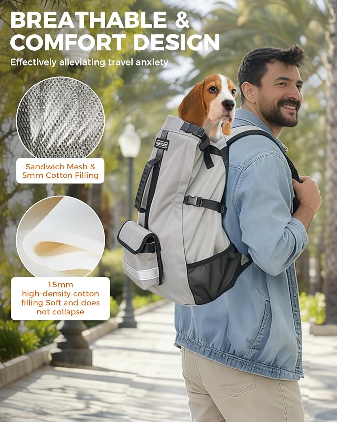 Dog Backpack Carrier for Small Dogs - 4-Layer Protection, Under 24 lb, Waterproof, Adjustable Dog Hiking Backpack with Storage Pockets, Reflective Strips, Non-Slip Handle for Travel - Grey