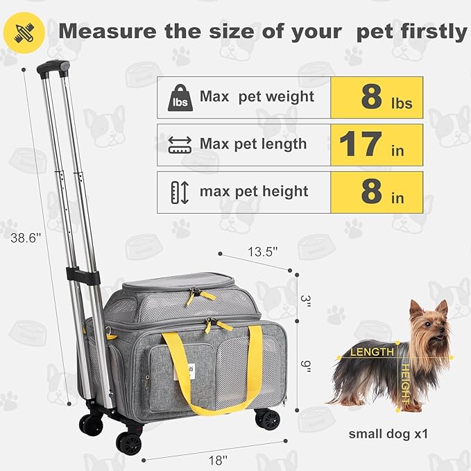 pidipiti 18x13.5x9 TSA Approved top Expandable Rolling pet Carrier for Small Dog Puppy cat up to 8 lbs and 17'' in,Soft Sided for Spirit Southwest Airline,with 4 Wheels and 2 Pockets(Grey).