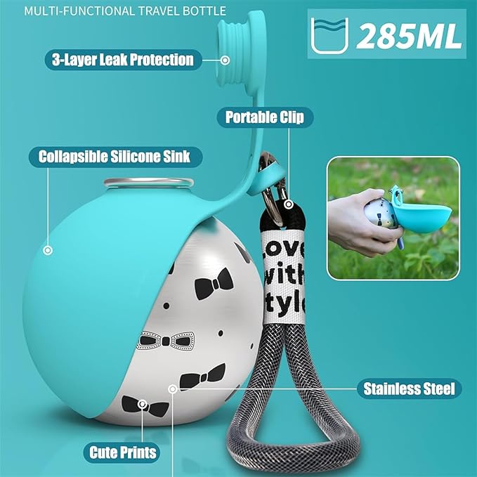 Gulpup the 2-in-1 Dog Water Bottle & Bowl, Portable Dog Water Bottle & Bowl, Leak-Proof, Compact & Foldable Pet Water Bottle with Silicone Bowl, 10oz for Walking & Travel - Stainless Steel (Pink+Blue)