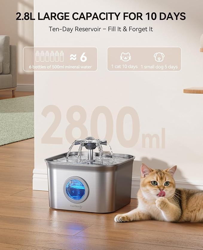 Stainless Steel Cat Water Fountain, 2.8L with 20dB Ultra-Quiet Pump- Ideal for Timid Pets, LED Water Level Window, Dishwasher Safe, 24/7 Circulation- Includes 9 Replacement Filters