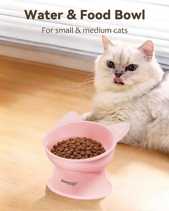 MateeyLife Raised Cat Bowls, Cat Food Bowl Elevated for Kittens & Small Dogs, 15°Tilted Protect Pets' Neck and Anti Vomiting, Whisker Friendly Food & Water Feeding Bowl, 6 oz Each - Pink