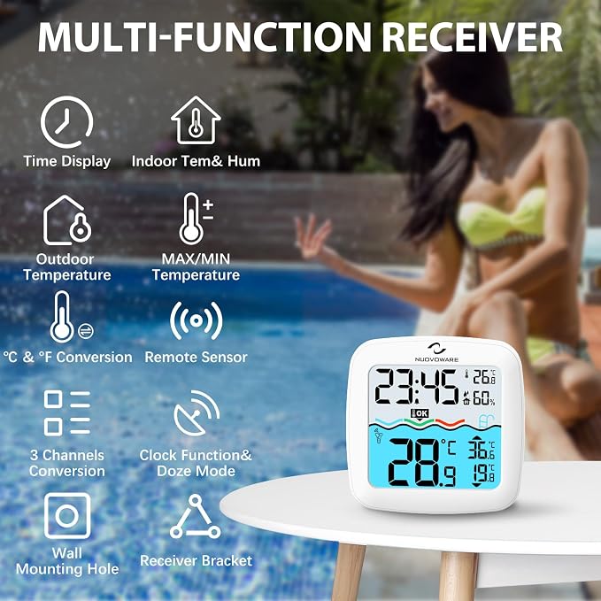 Nuovoware Digital Floating Pool Thermometer, Easy Read Screen Display | Wireless Thermometer, Remote Water IPX8 Waterproof for Swimming Pools, Fish Tank, Hot Tub