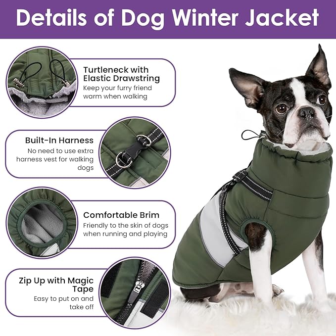 Dog Coat for Large Dogs, Warm Pet Jacket Winter with Harness Built in, Waterproof Pet Snow Jacket with Furry Collar, Reflective Fleece Snowsuit for Extra Large Dogs, Army Green XL