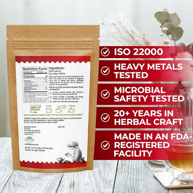 100 Bags Rosehips Tea Dried Rose Hips Crushed (Roza Cinamomea) - 100 Count 1.5 g Tea Bags Rosehip Berries