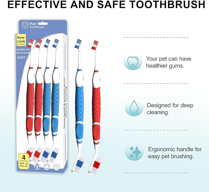 4Pcs Professional Pet Toothbrush, Dog & Cat Soft Bristle Double-Sided Brush Head Set, Pet Brushing Teeth to Clean Teeth to Reduce Tartar Buildup, Pet Dental Care Essentials
