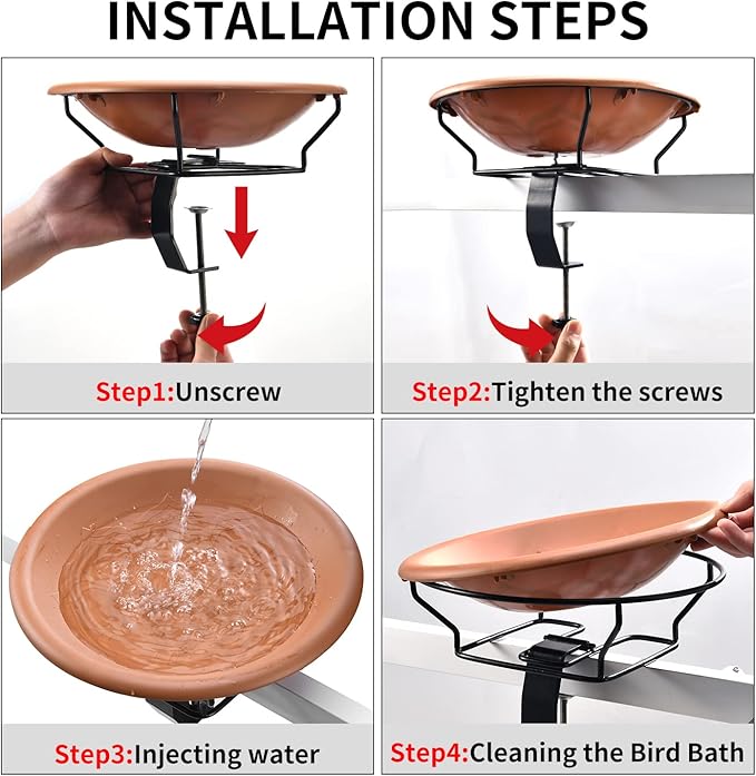 Jealoeur Bird Bath Deck Mounted 12 Inches, Deck Adjustable Steel Clamp 3.5 Inches, Balcony Railing Birdbaths Unheated(Brown)