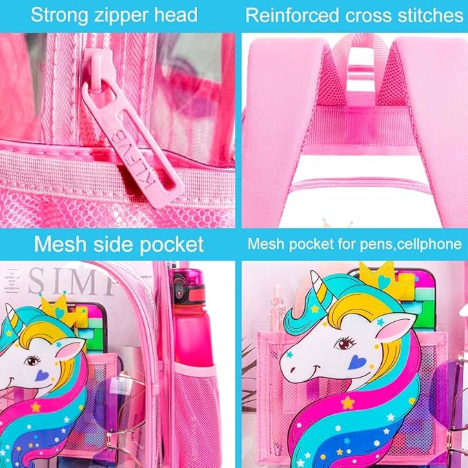 AGSDON 3PCS Clear Backpack for Girls, Kids Unicorn Transparent Bookbag Heavy Duty, Cute See Through Backpacks with Lunch Bag - Pink