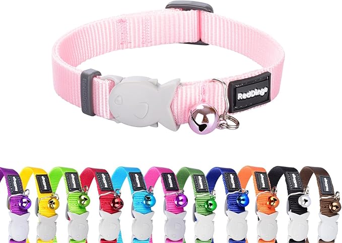 Red Dingo Classic Safety Release Breakaway Premium Cat Collar – Adjustable One Size Fits All with Soft Nylon Webbing, 4.4lb Safety Release Fish Clip, Stainless Steel D-Ring, Wildlife Bell – Pink