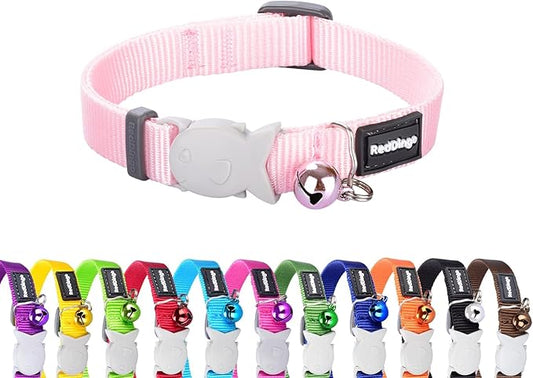 Red Dingo Classic Safety Release Breakaway Premium Cat Collar – Adjustable One Size Fits All with Soft Nylon Webbing, 4.4lb Safety Release Fish Clip, Stainless Steel D-Ring, Wildlife Bell – Pink