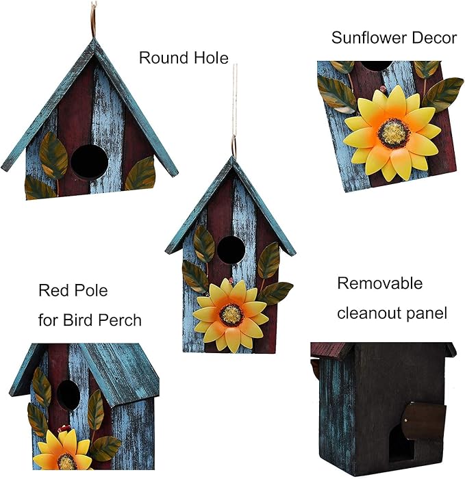 2 Pack Wood Bird House for Outside, Hanging Decorative Bird House Outdoor Garden Patio Yard Rustic Hand-Painted Bluebird Birdhouse Nesting Box for Finch Wren Sparrow Chickadee