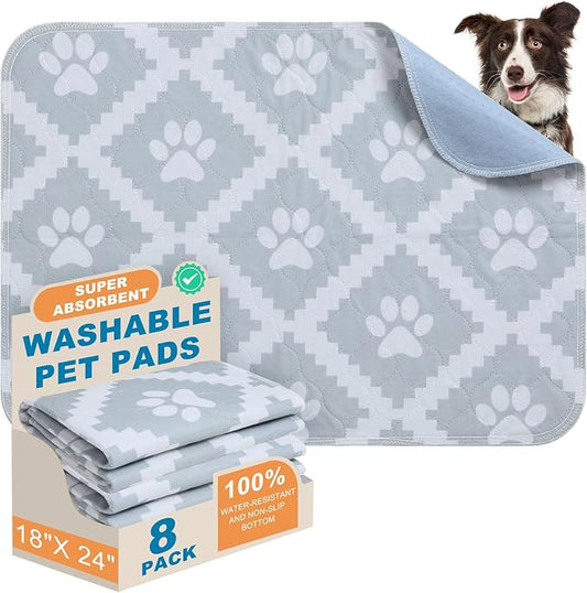 BEAUTYZOO Washable Pee Pads for Dogs, 8 Pack Reusable Puppy Pads, Super Absorbent Dog Pee Pads for Pet Training, Housebreaking and Incontinence, Non-Slip Potty Pads for Floor, Crate, Couch, 18" x 24"