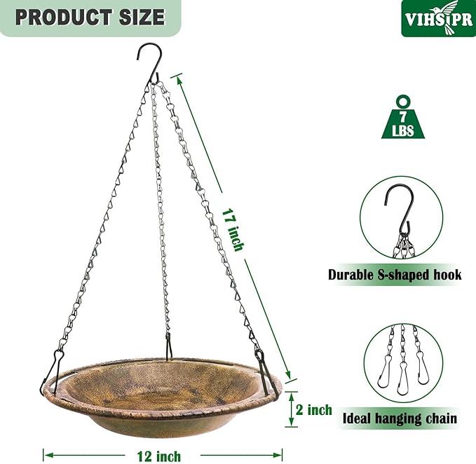 Hanging Bird Bath & Feeder Bowl, 12 in Outdoor Bird Bath with Chains, Durable Weather-Resistant PP, Antique Copper Finish, Backyard Garden Decor