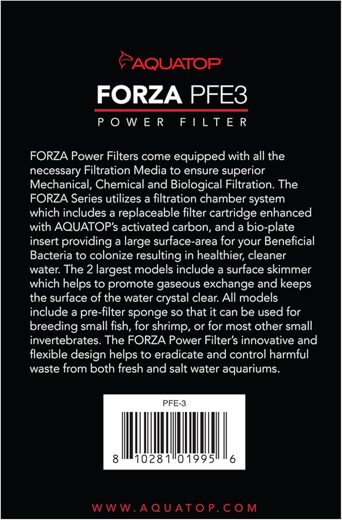 Aquatop Forza 80 GPH Power Filter for Aquariums –15-25 Gal Freshwater & Saltwater – Advanced Filtration Design – Keeps Water Crystal Clear – PFE-3