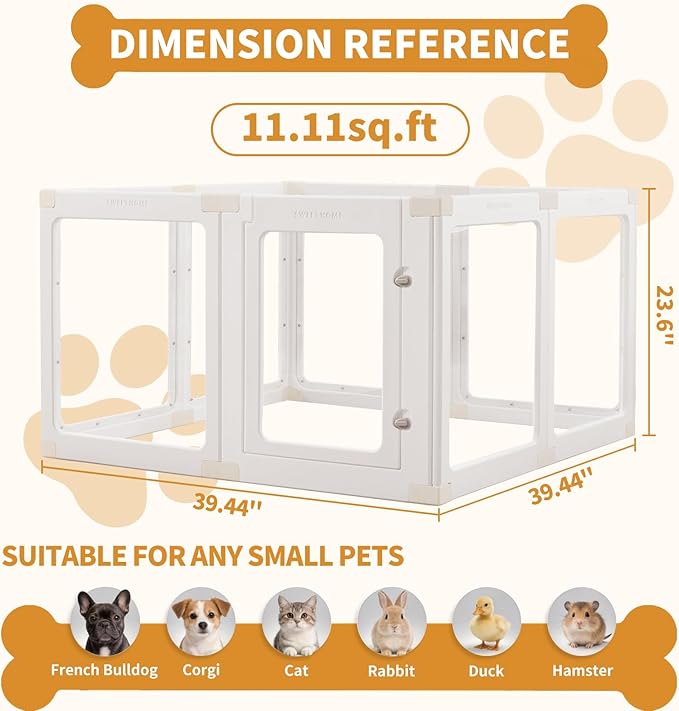 Acrylic Dog Playpen Indoor for Small Dogs & Puppies, Clear Transparent Pet Playpen with Modern No-Bar Design, 23.6" Easy Assemble Puppy Play Pen, Escape-Proof & Sturdy (8 Panels, White)
