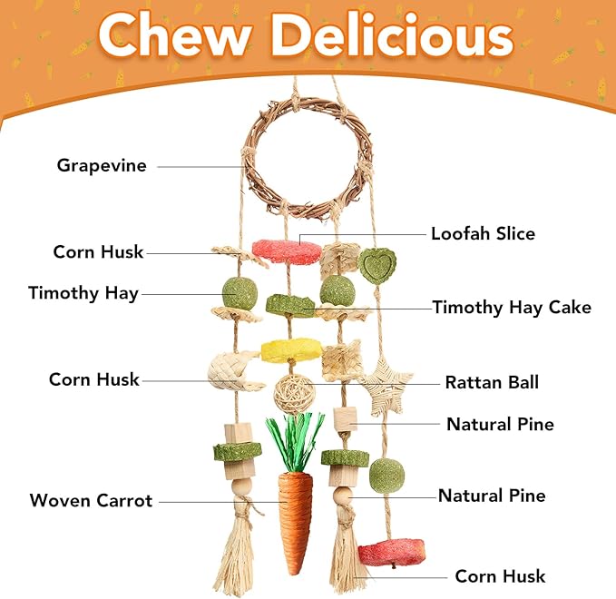 Jorewood Rabbit Chew Toys Bunny Cage Hanging Toy and Treats Rattan Ring with Snacks for Rodent Pets Teeth Healthy