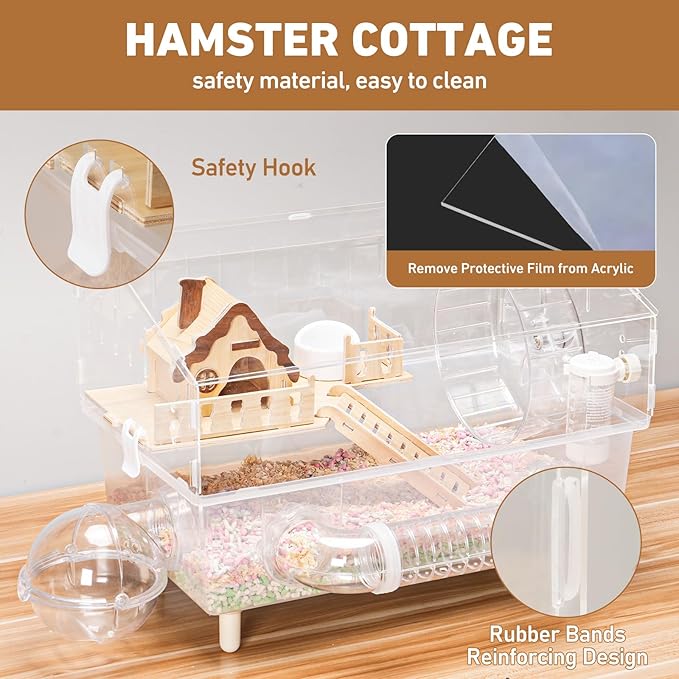 Hamster Cage 8 in 1 with All Accessories, Acrylic Hamster Cages with Full Transparent Viewing, Excellent Ventilation, Castle Habitat, Dwarf Hamster Cage Suitable for Gerbil, Mice, Other Small Animals