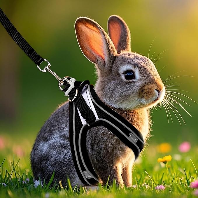 PETKNOWS 2 Pack Rabbit Harness and Leash Set, Double Buckle Bunnies Harness with Reflective Strips Soft Breathable Mesh Vest Harness for Rabbits Walks Accessories(Blue and Black)