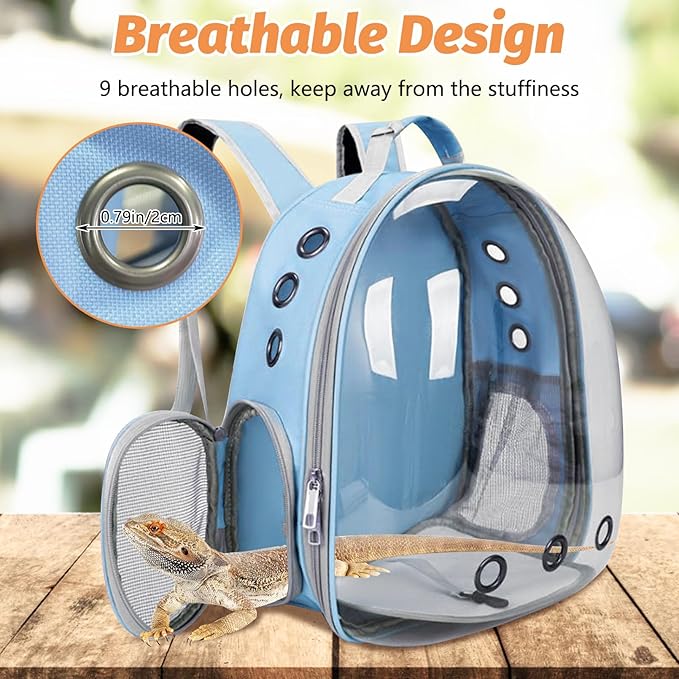 kathson Bearded Dragon Carrier with Harness and Leash Set, Large Reptile Travel Carrier Portable Lizard Backpack Clear Small Animals Carrying Bag for Gecko Hamster Rabbit Hedgehog Kitten (Blue)