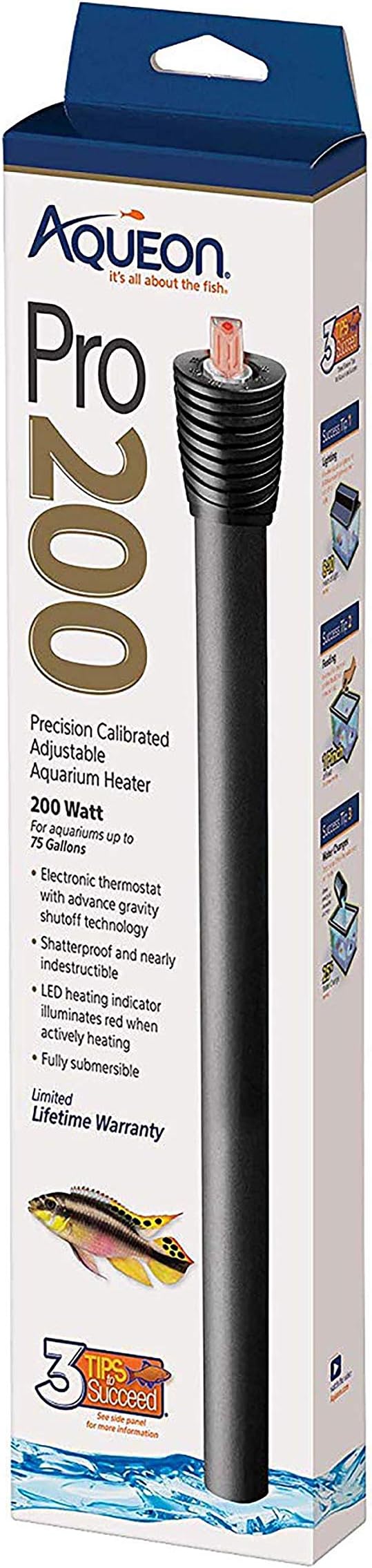 Aqueon Adjustable Pro Aquarium Heater, 200W | 200 watt aquarium heater, adjustable 68 to 88°F, auto shut-off, for fresh and saltwater aquariums